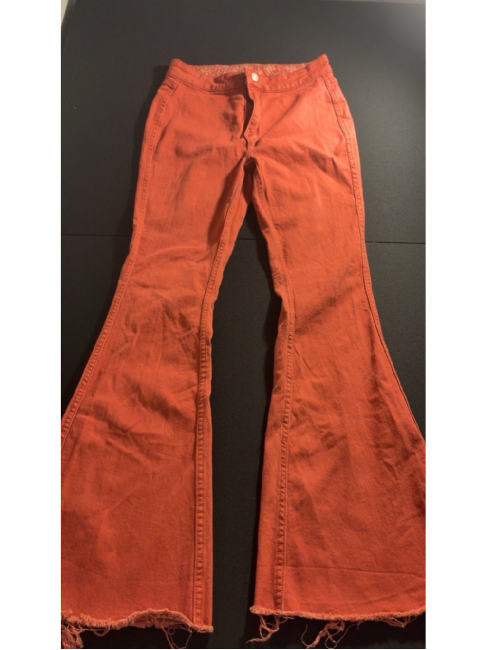 Rock & Roll Denim High Rise Terra-Cotta Flare Jeans 28x30 Reversible AOP Fray